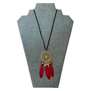 Red Feather Boho Gold Dream Catcher Necklace